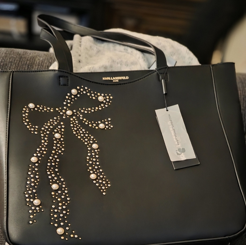 Karl Lagerfeld Black Leather Tote with Pearl BOW Design NWT